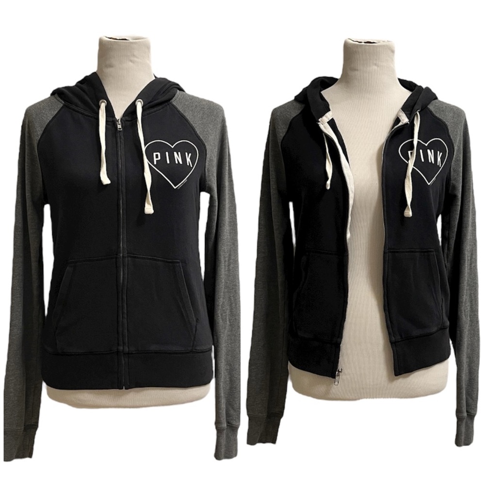 VS PINK | Love Pink Colorblock Zipper Hoodie, Size XS, Black/Gray